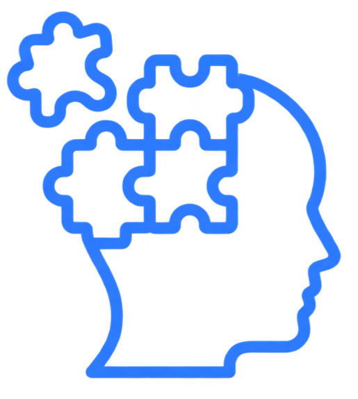 Outline of a human head with puzzle pieces inside the brain area.