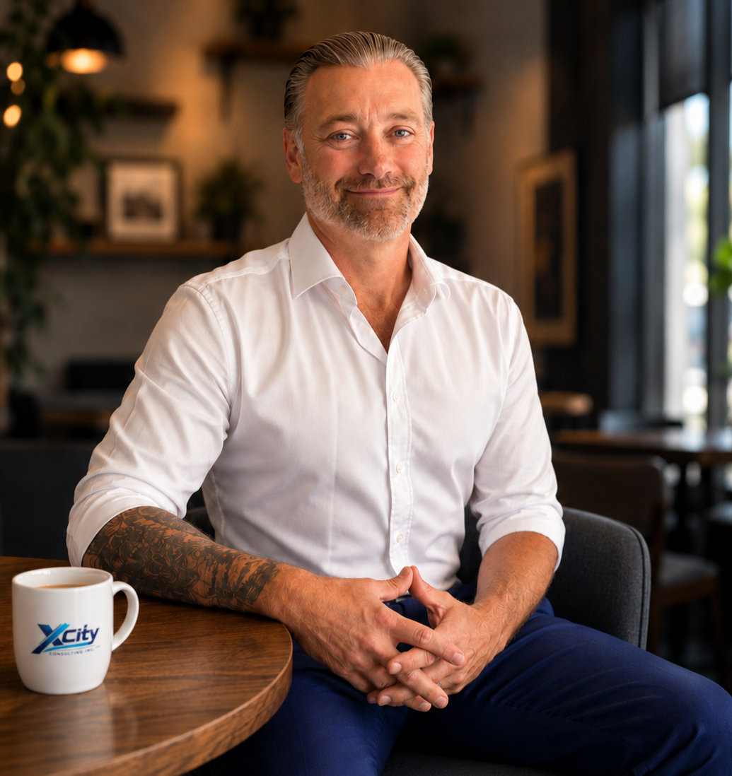 A middle-aged man with gray hair and a beard, wearing a white dress shirt, sitting at a wooden table in a cozy cafe with a mug that has the XCity logo, and smiling at the camera.