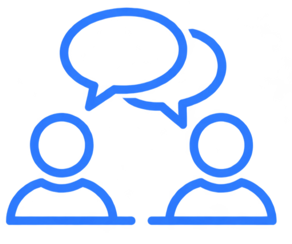 Two stylized blue line drawings of people with speech bubbles above their heads, indicating conversation or communication.