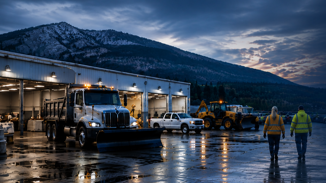 Snow-covered mountain in the background with a large building, trucks, and construction equipment in the foreground during dusk or dawn.