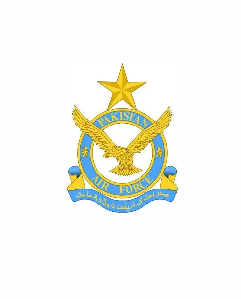 Emblem of the Pakistan Air Force featuring a golden eagle, a gold star, and a blue and yellow circular banner with the words "Pakistan Air Force" and Urdu script.