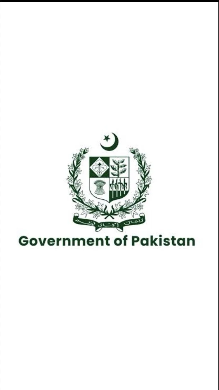 Flag of Pakistan featuring a green emblem with a white crescent moon and star, surrounded by a wreath, and text stating 'Government of Pakistan'.