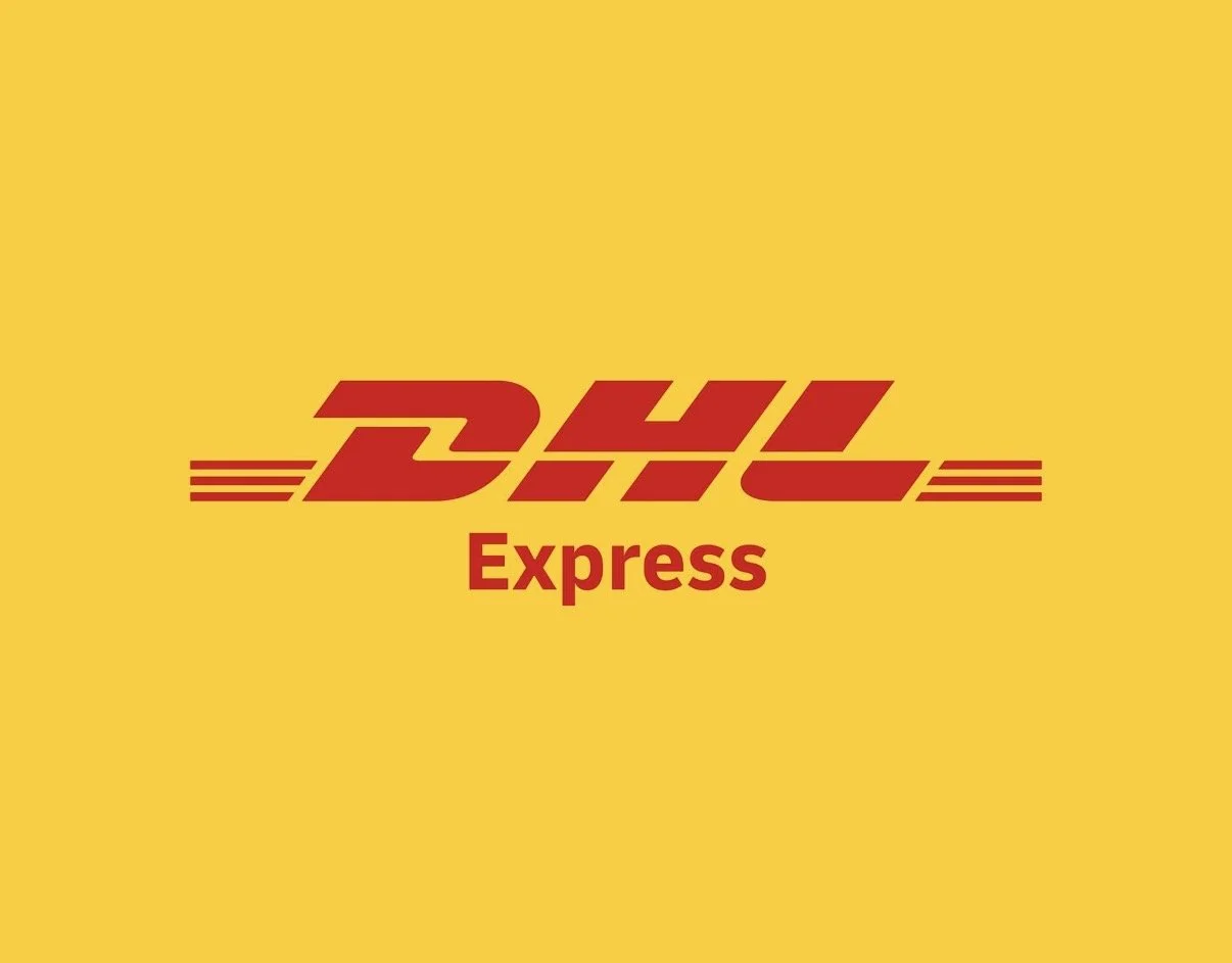 DHL Express logo on a yellow background with red and white text.