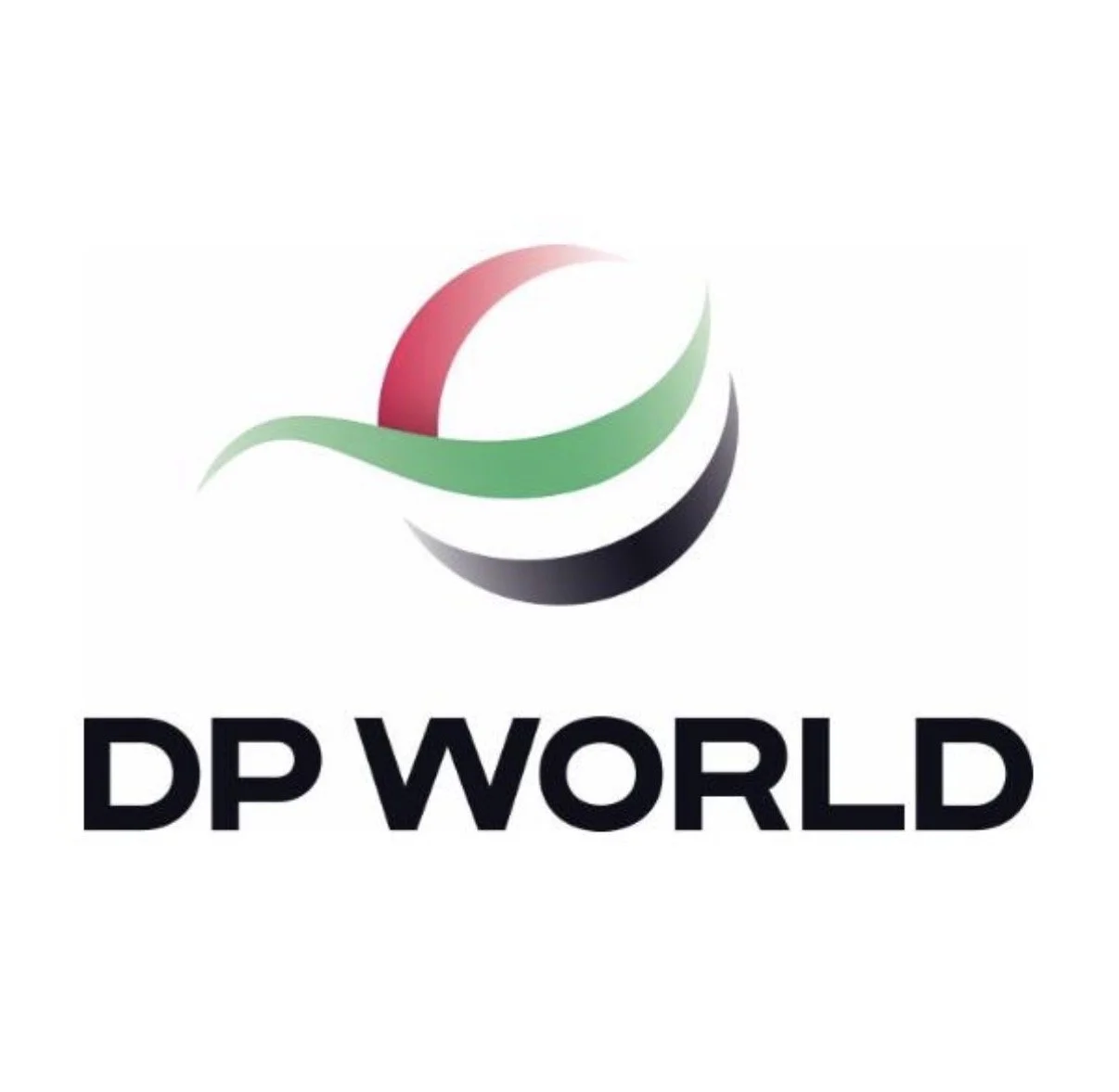 DP World logo featuring a stylized globe with red, green, white, and black curved lines and the text "DP WORLD" below in bold black letters.