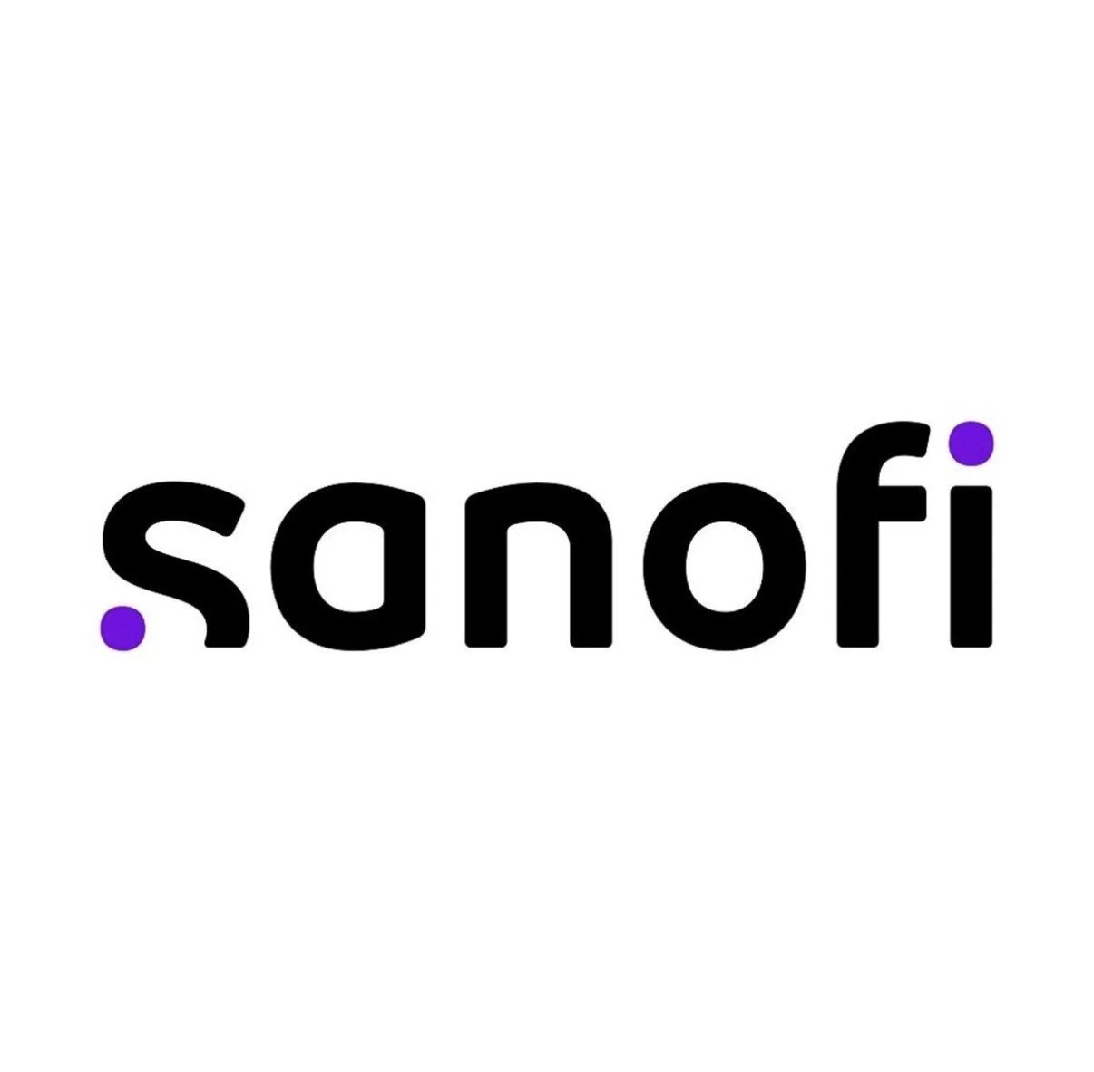 Sanofi logo with lowercase black letters and purple dots on the 's' and 'i'.