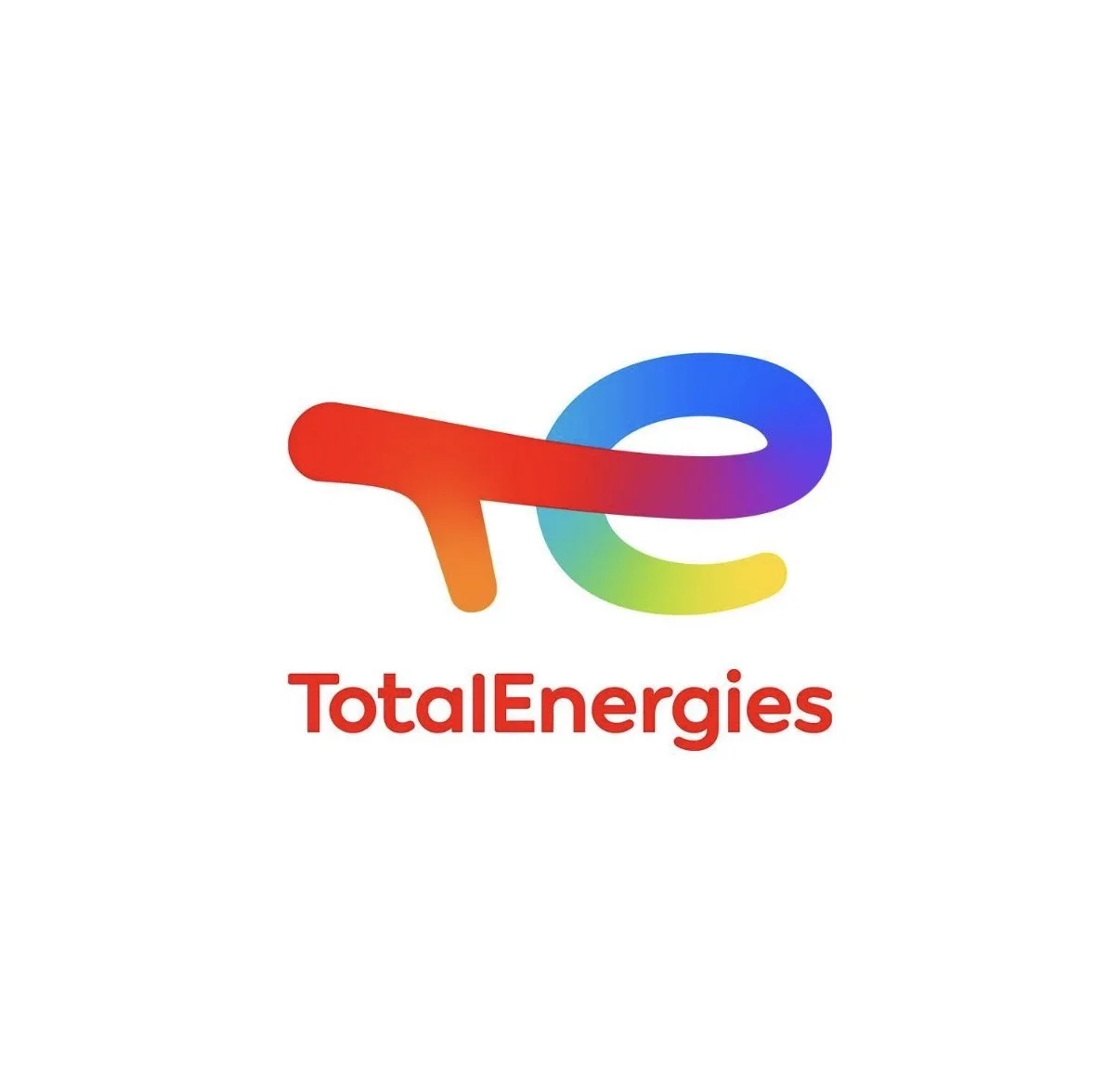 Colorful logo with a stylized lowercase 't' and 'e' joined together, in a gradient rainbow color, and the words 'TotalEnergies' in red underneath.