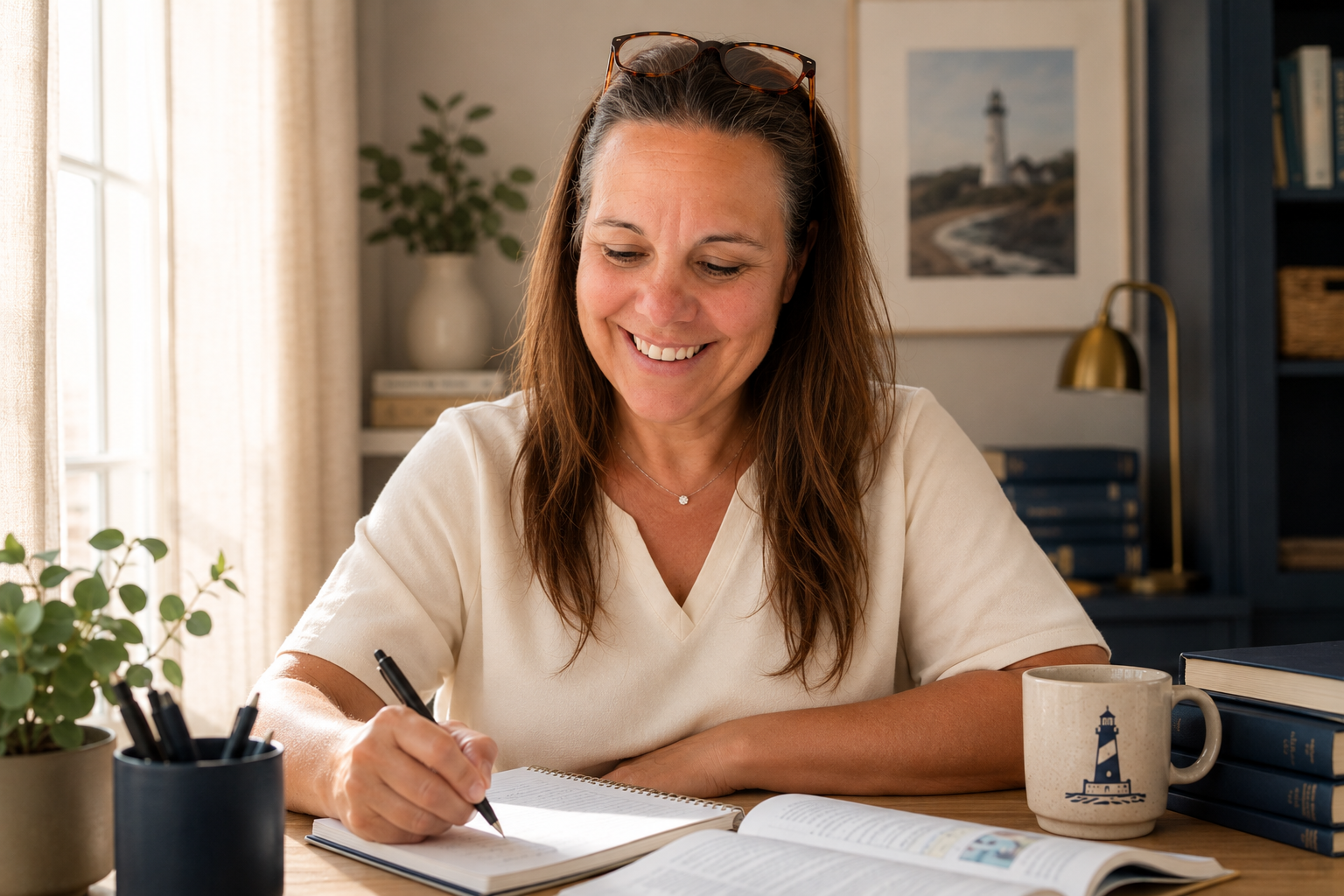 A woman with glasses on her head writing in a notebook at a desk, with a coffee mug and books, in a cozy home office with a window and lamp.