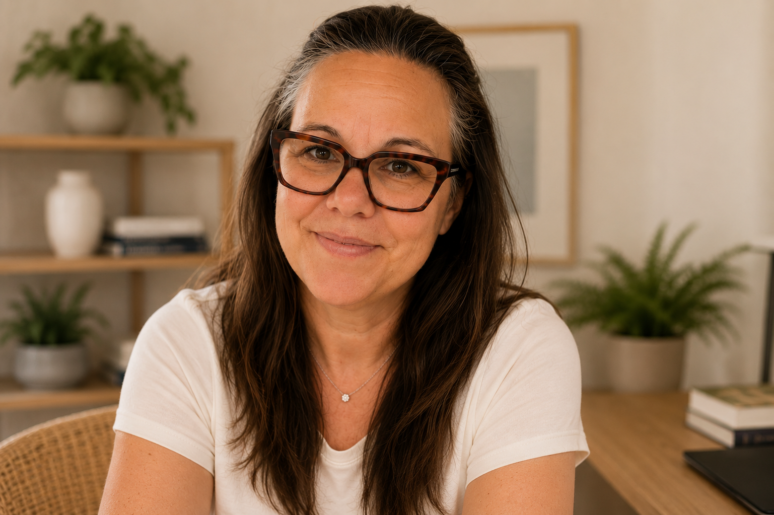 A woman with long brown hair, wearing glasses and a white t-shirt, smiling at the camera in a cozy home office setting with plants, books, and artwork in the background.