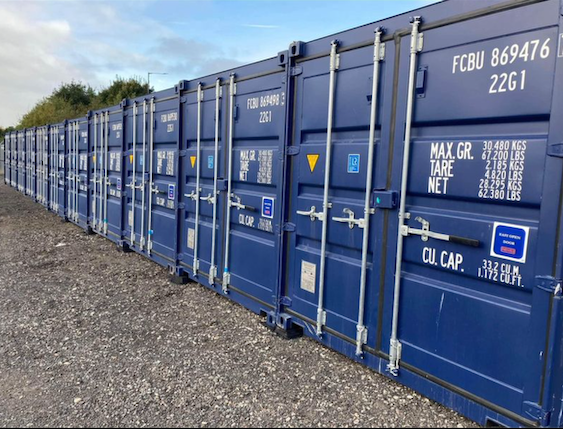 Row of new blue 20ft steel self storage containers at the Just Storage site in Stockton and Guisborough