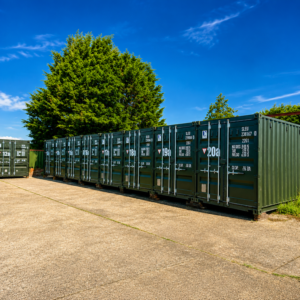 Exterior row of green self storage containers at the Just Storage Guisborough site