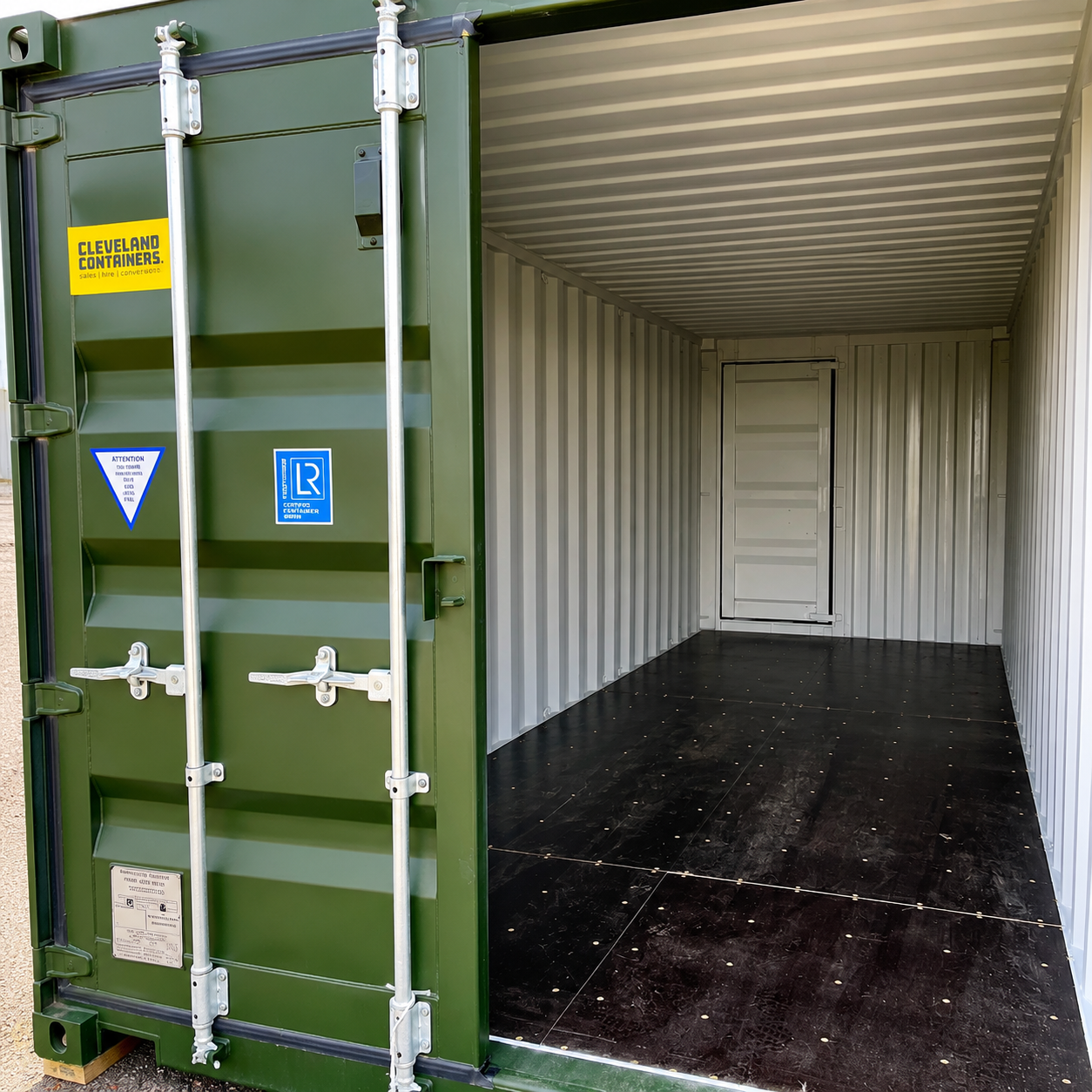 Empty interior of a 20ft steel self storage container with open doors at the Just Storage Guisborough site