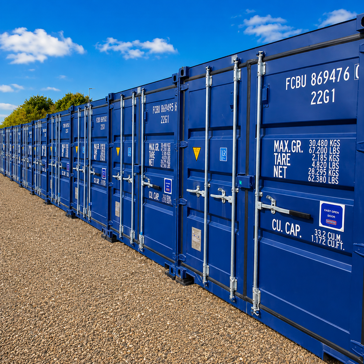 Exterior row of blue self storage containers at the Just Storage Stockton site