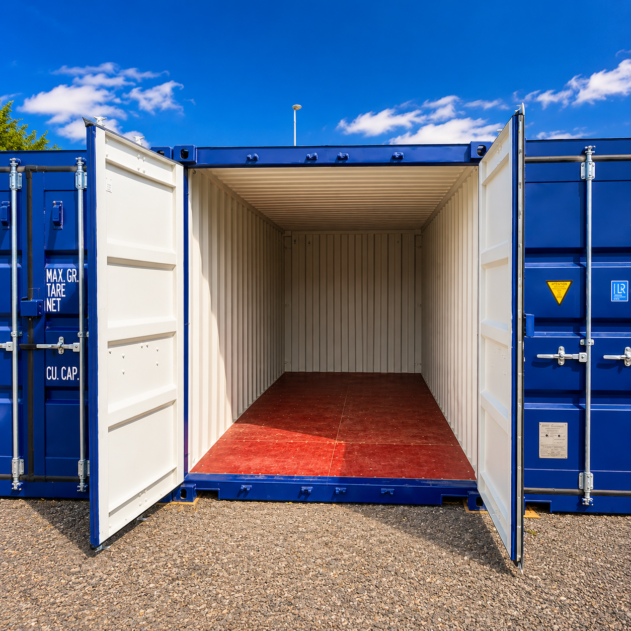 Open blue self storage container with red flooring, ready for move-in at the Just Storage Stockton site