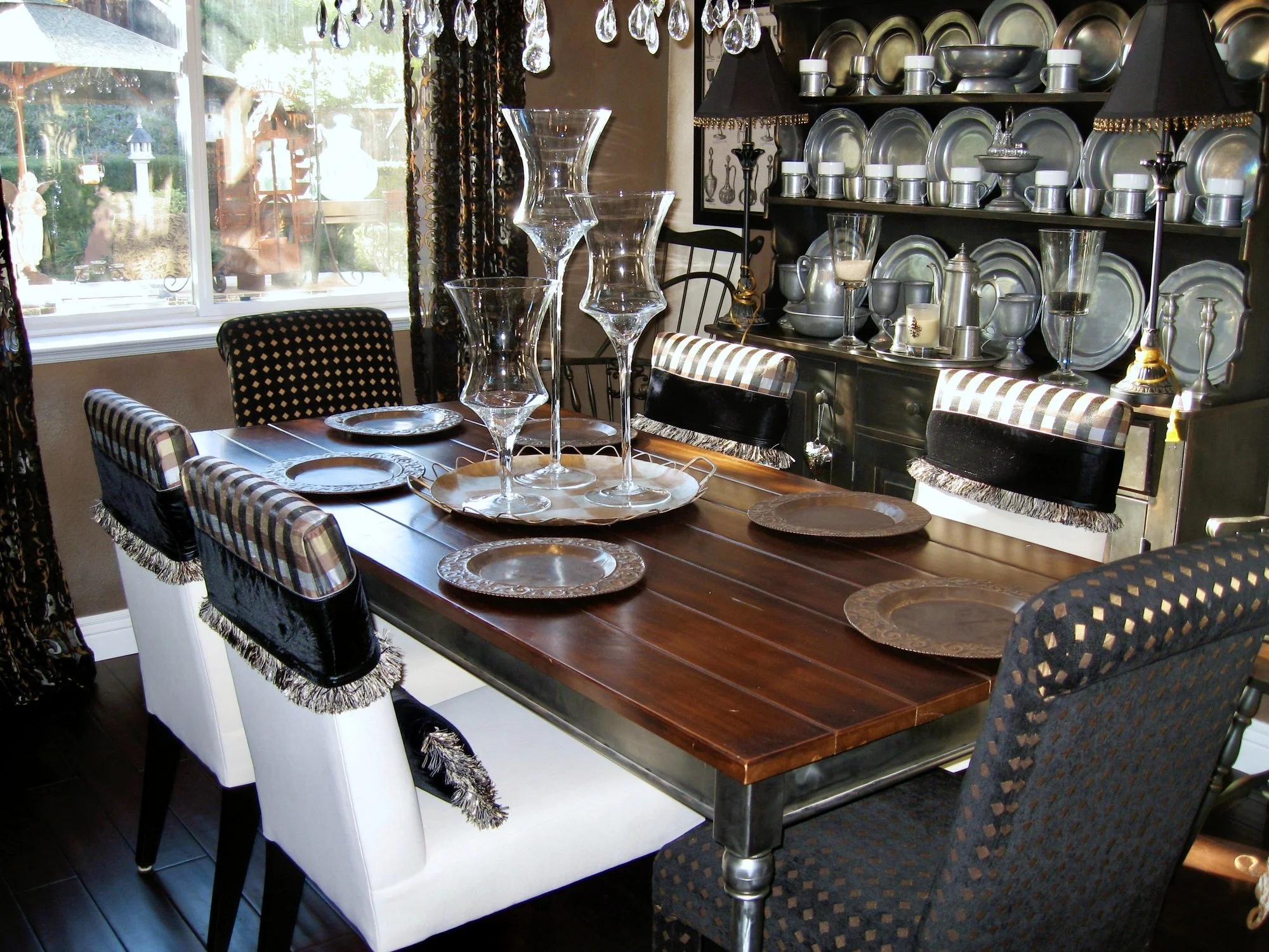 Glamorous Chair "Shrugs" (fabric caps) coordinate with upholstery and draperies • Bellisimo Decor