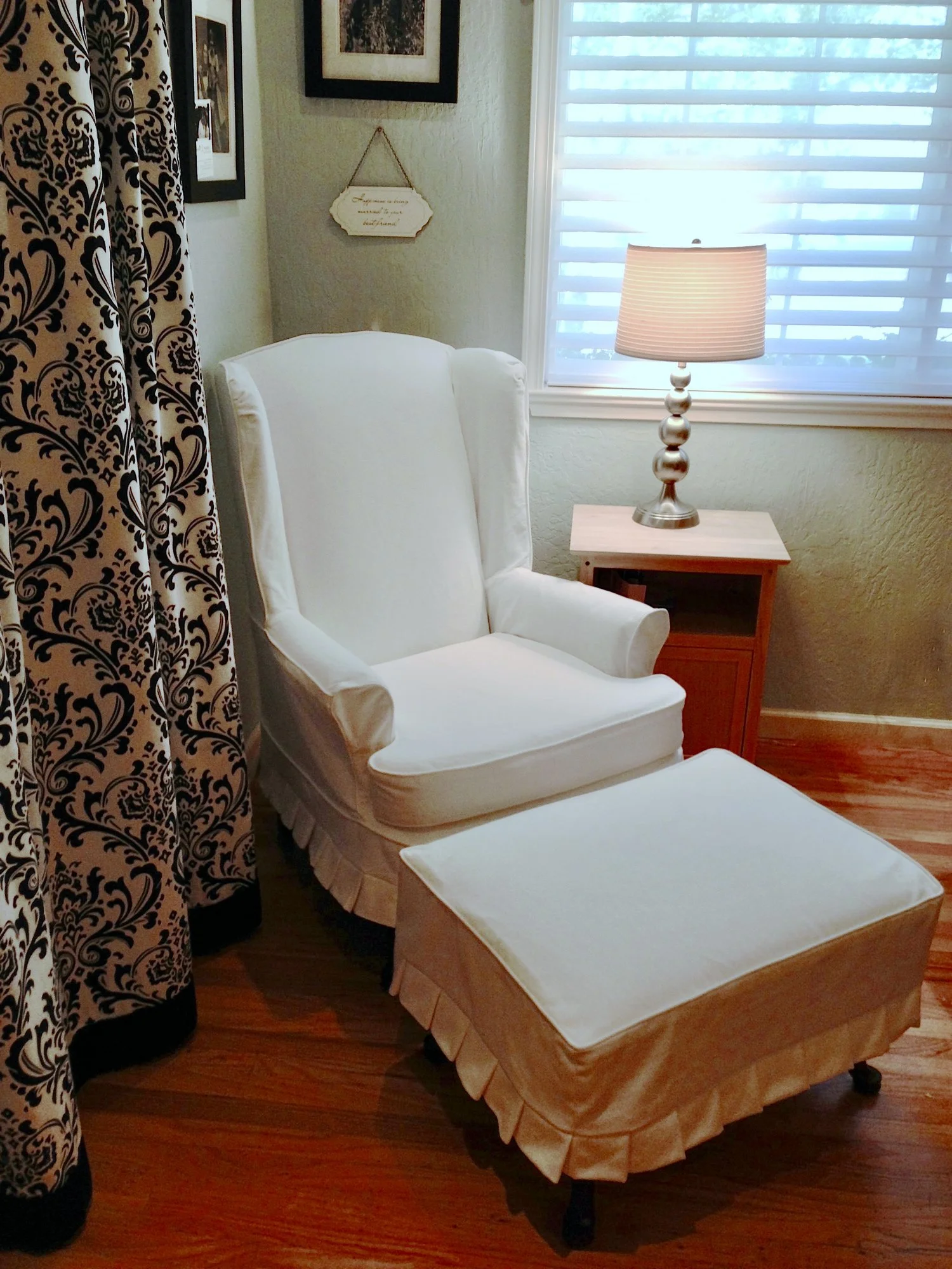 Wingback Chair and Ottoman — washable white denim