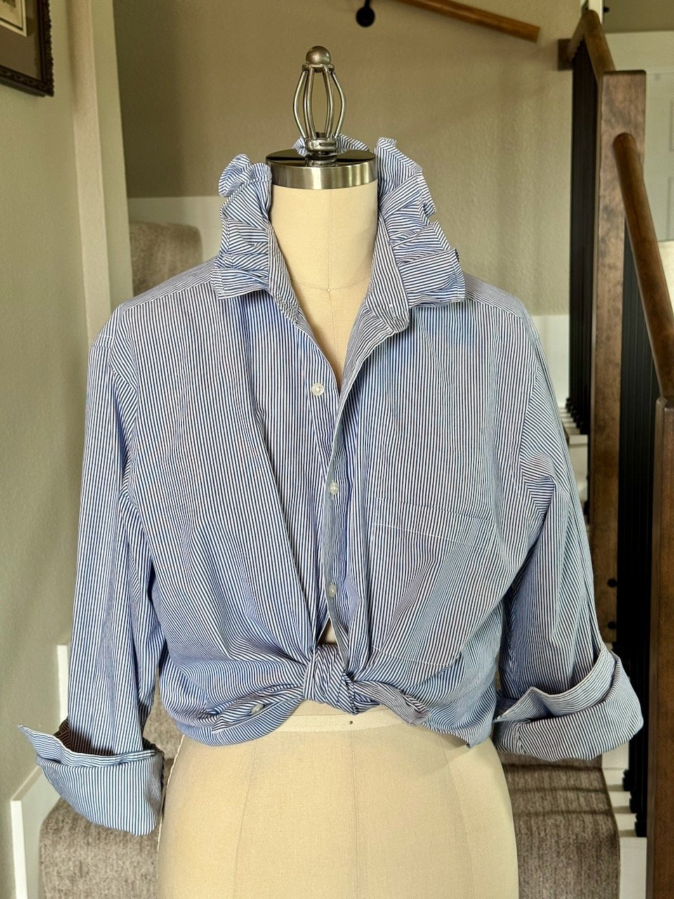 Upcycled Ruffled Shirt – Blue and White Striped