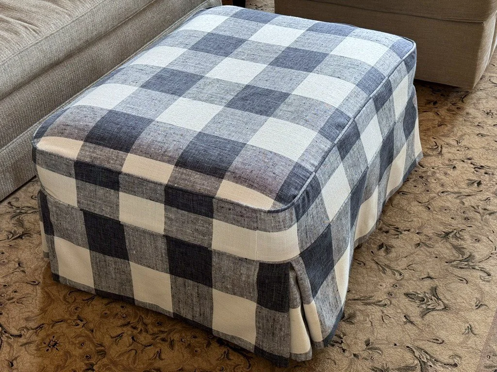 Slipcover for ottoman — navy and white buffalo checks