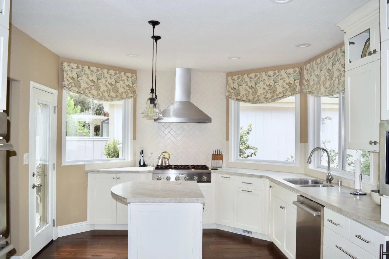 Faux shades soften kitchen windows