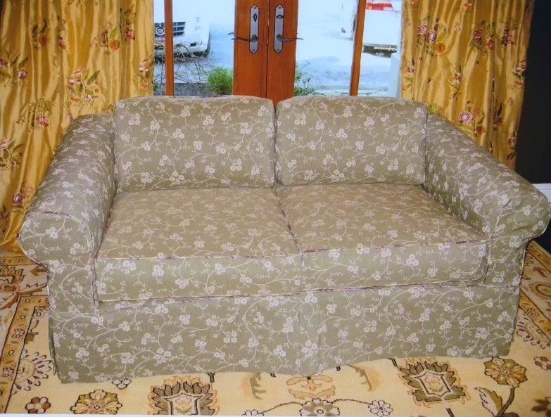 Loveseat Slipcover — Sage and Vine with contrasting welt • Design: Maria Villa Designs
