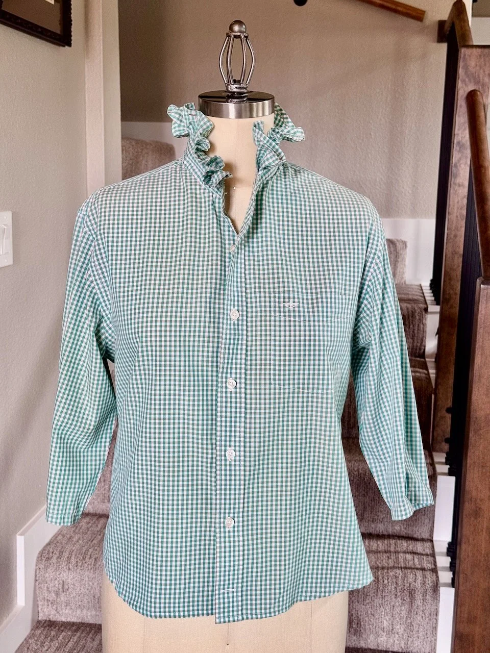 Upcycled Ruffled Shirt – Green Checked
