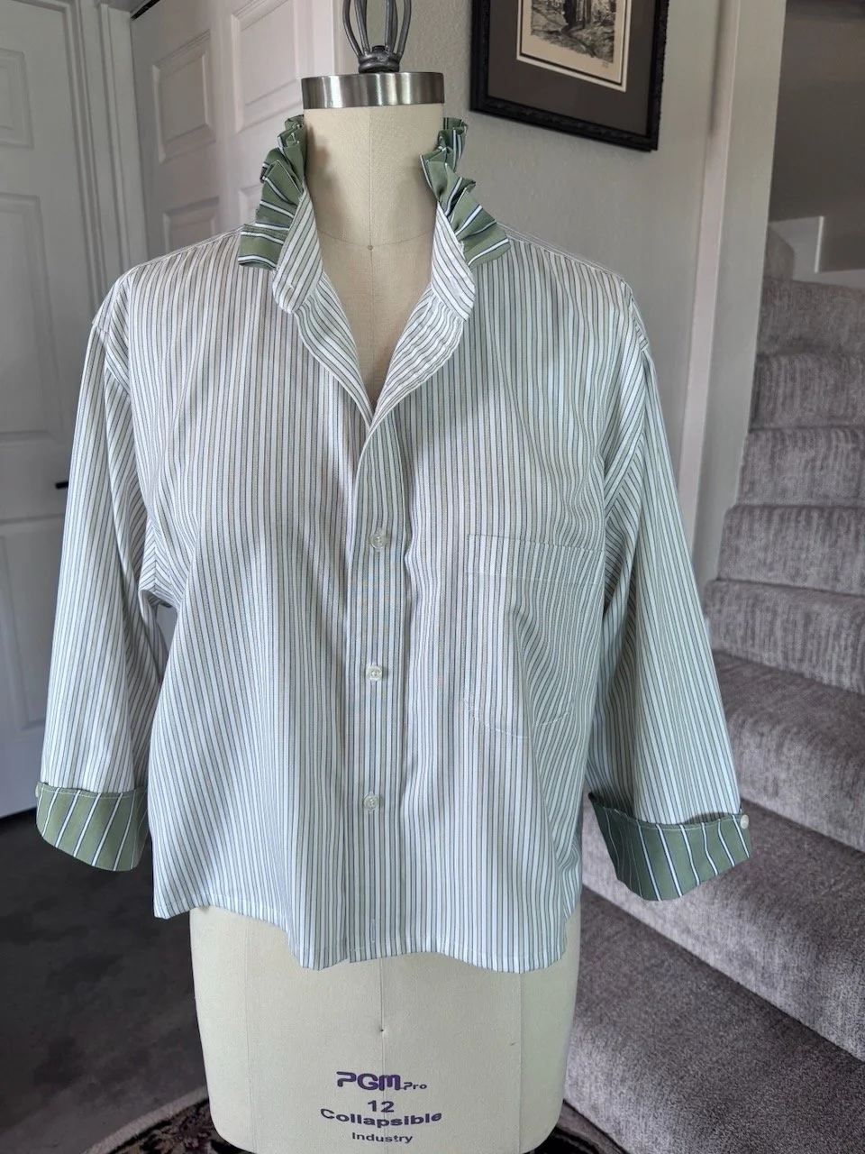 Upcycled Ruffled Shirt – White and Green Striped w/Green Collar