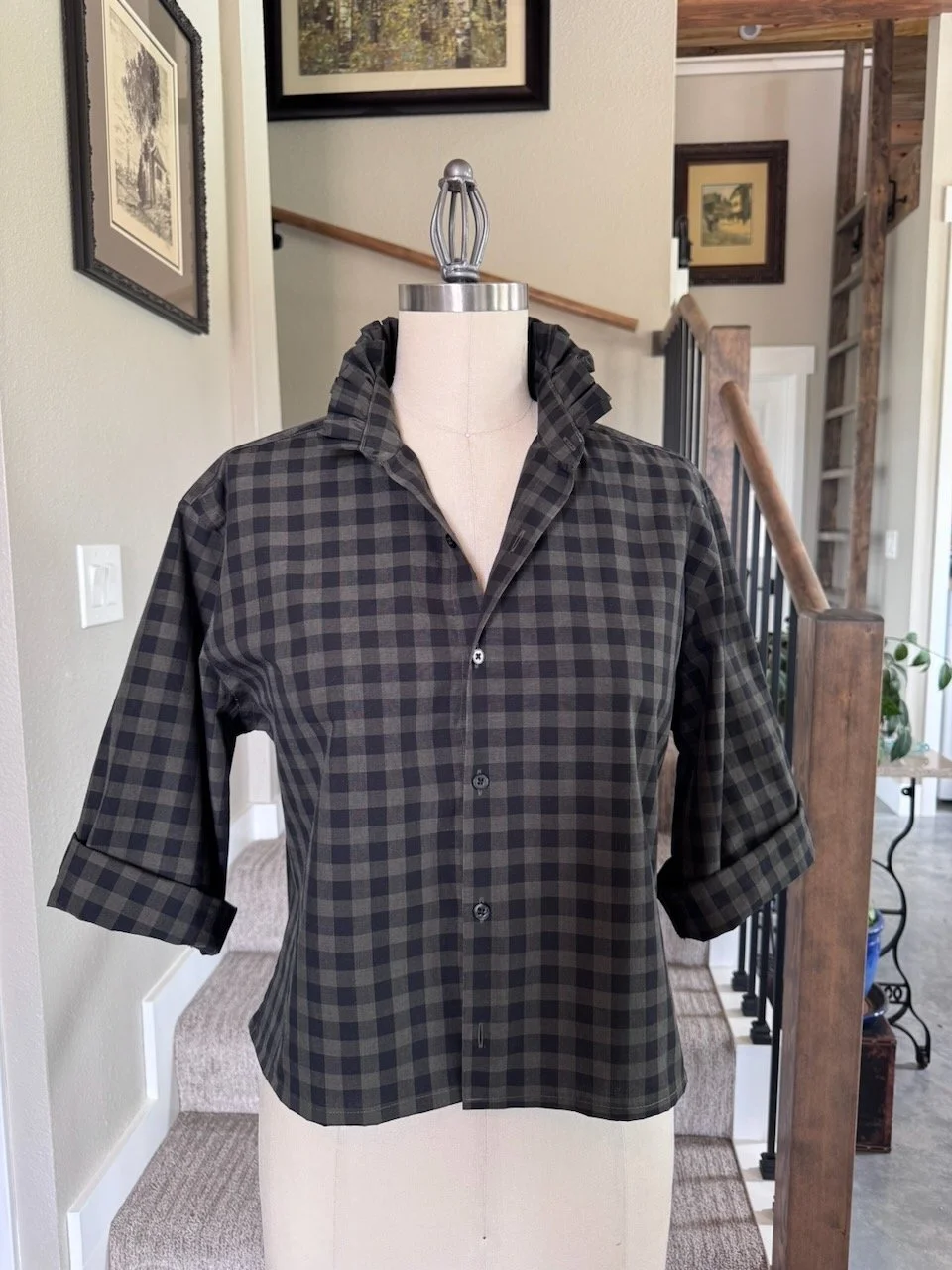 Upcycled Ruffled Shirt – Black and Gray Checked