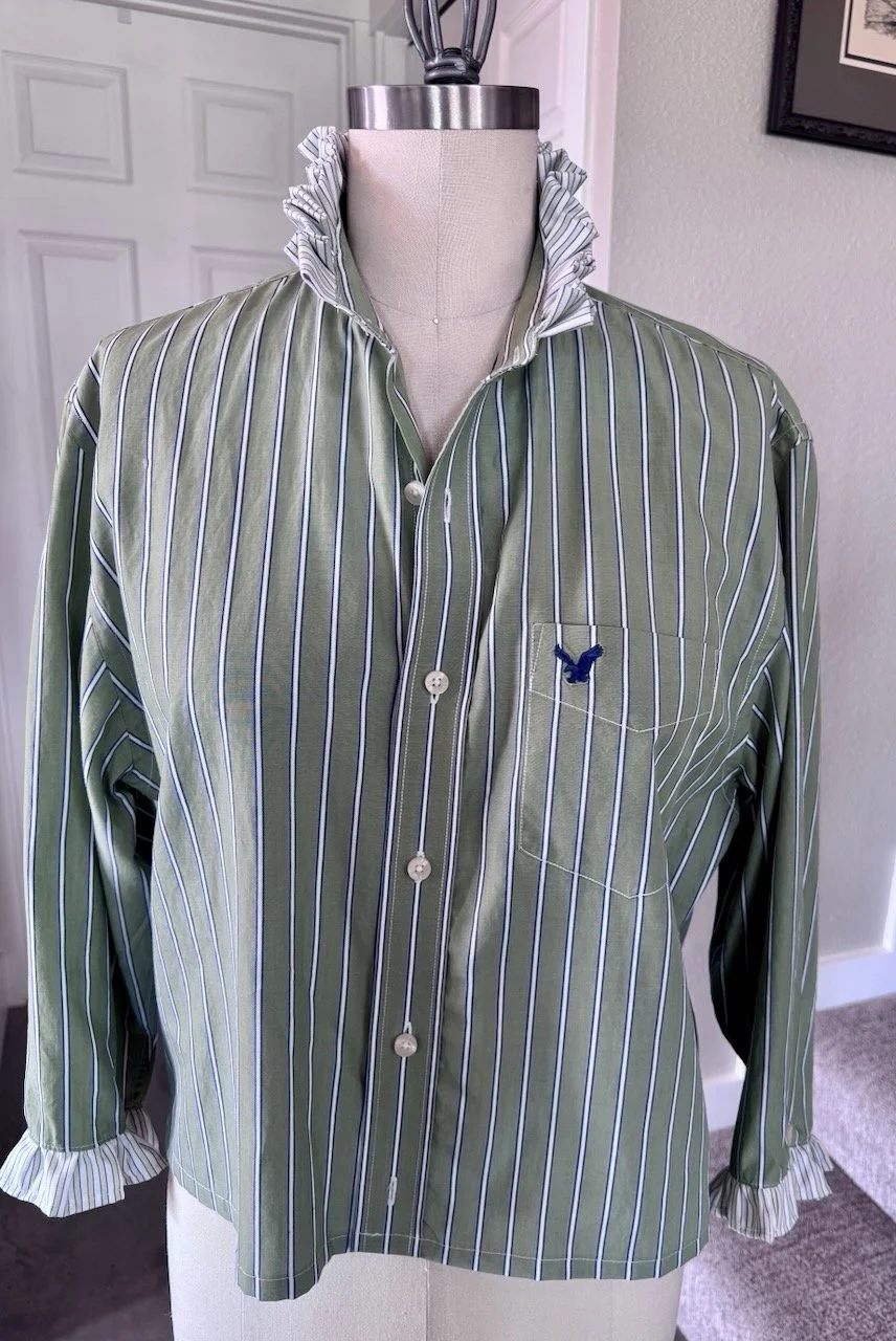 Upcycled Ruffle Shirt — Green, White and Navy Stripe