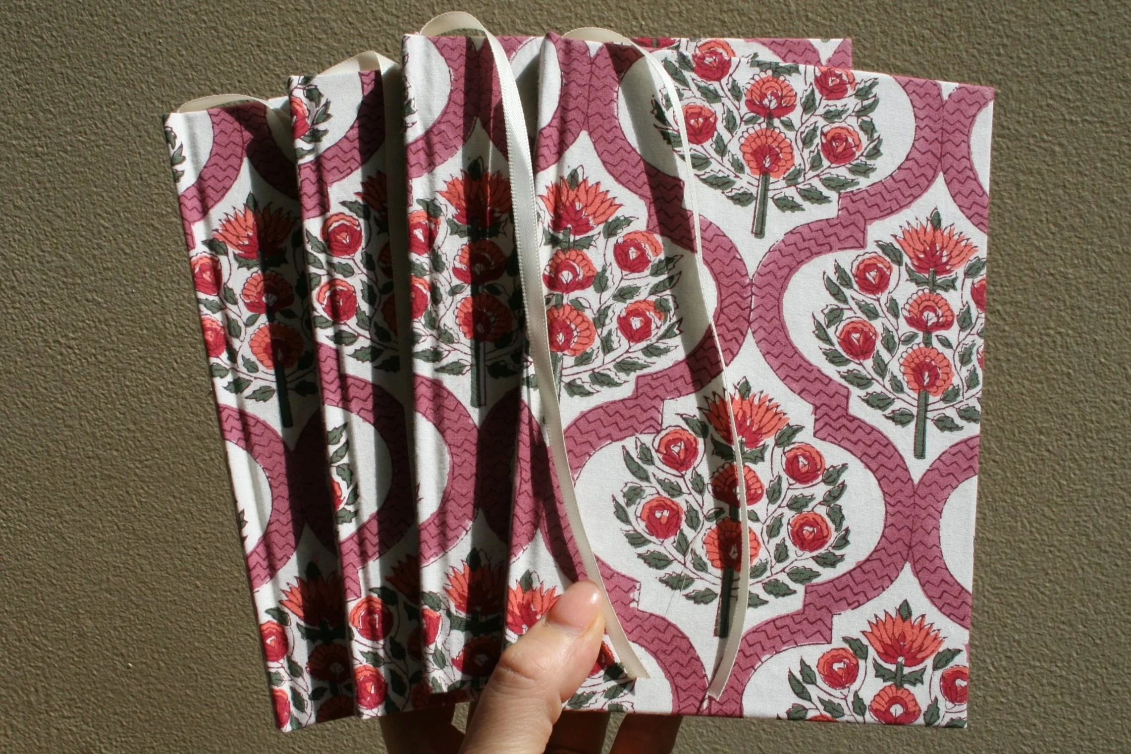 Block printed fabric, sewn spine, hand bound notebook