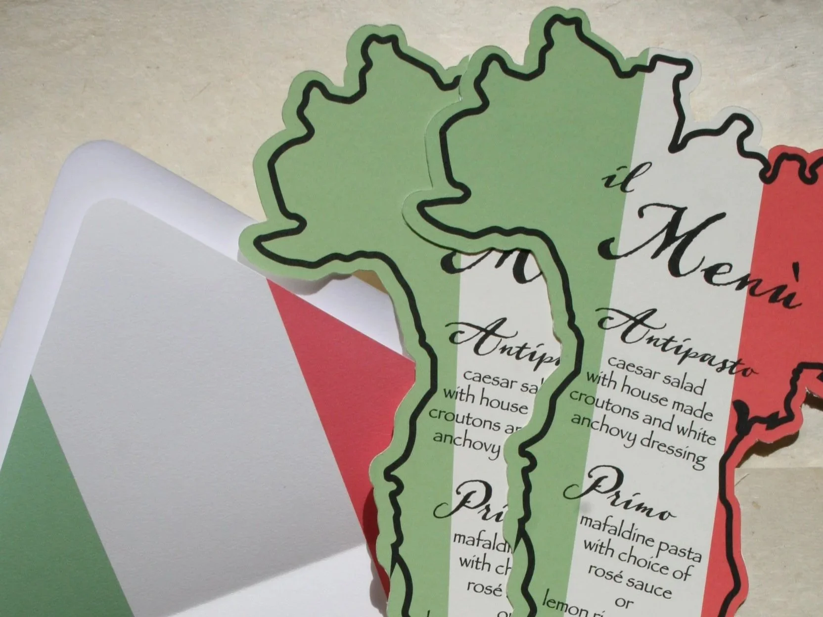 Italy shaped, die cut menu, Italian Dinner Party