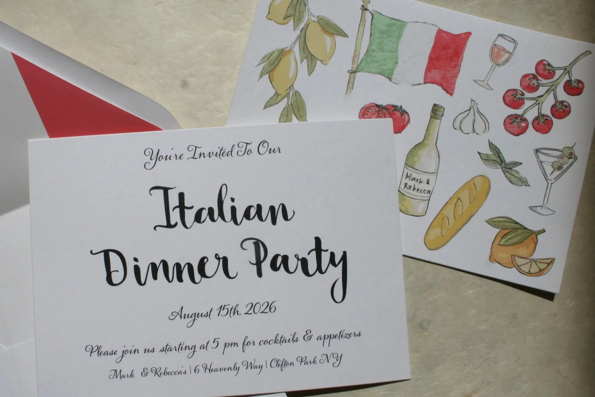 Custom lettering, modern calligraphy dinner party invitations, custom illustrations