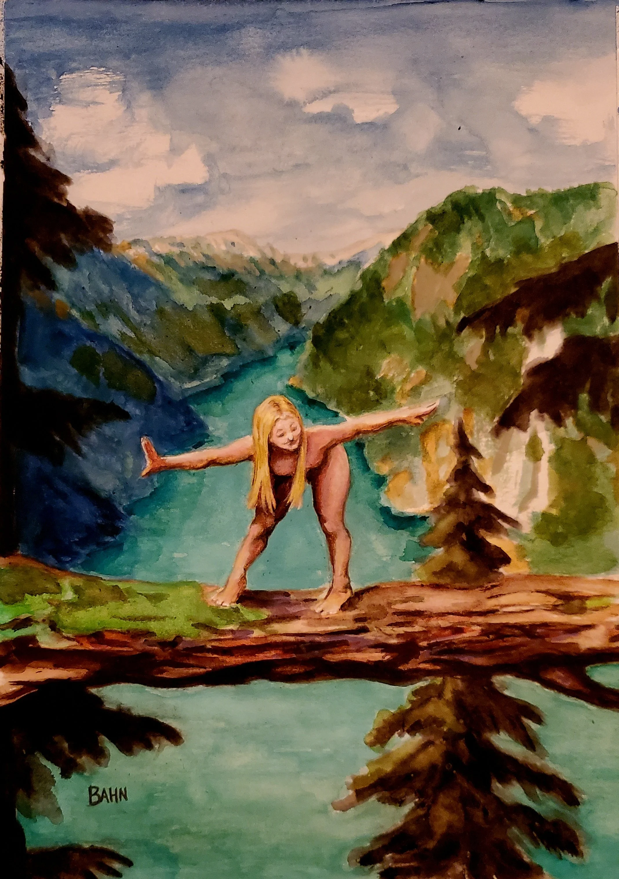 Tight-Rope on the Fjord, watercolor on paper, 2025