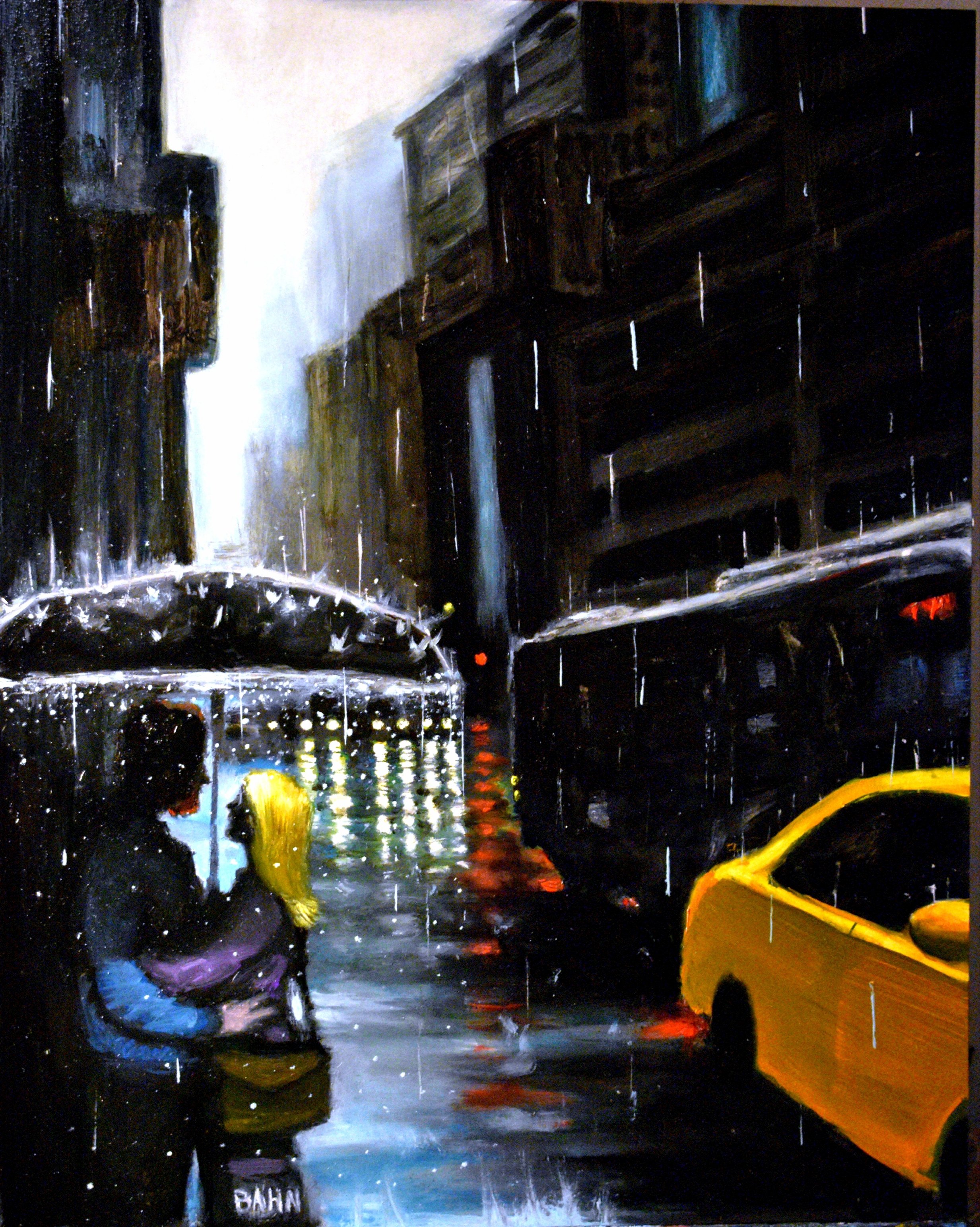 Rainy Embrace, oil on panel, 2019