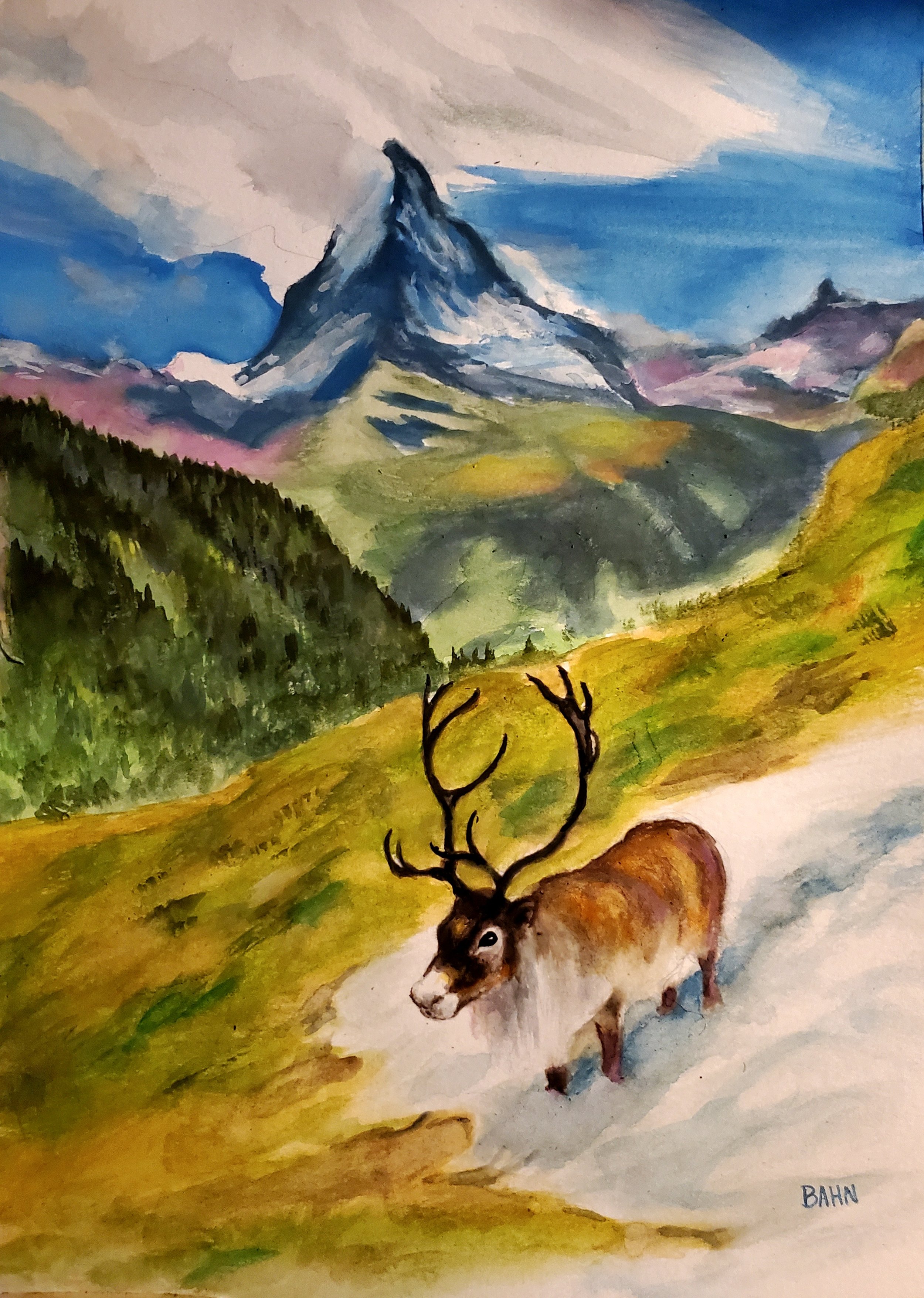 Reindeer, watercolor on paper, 2026