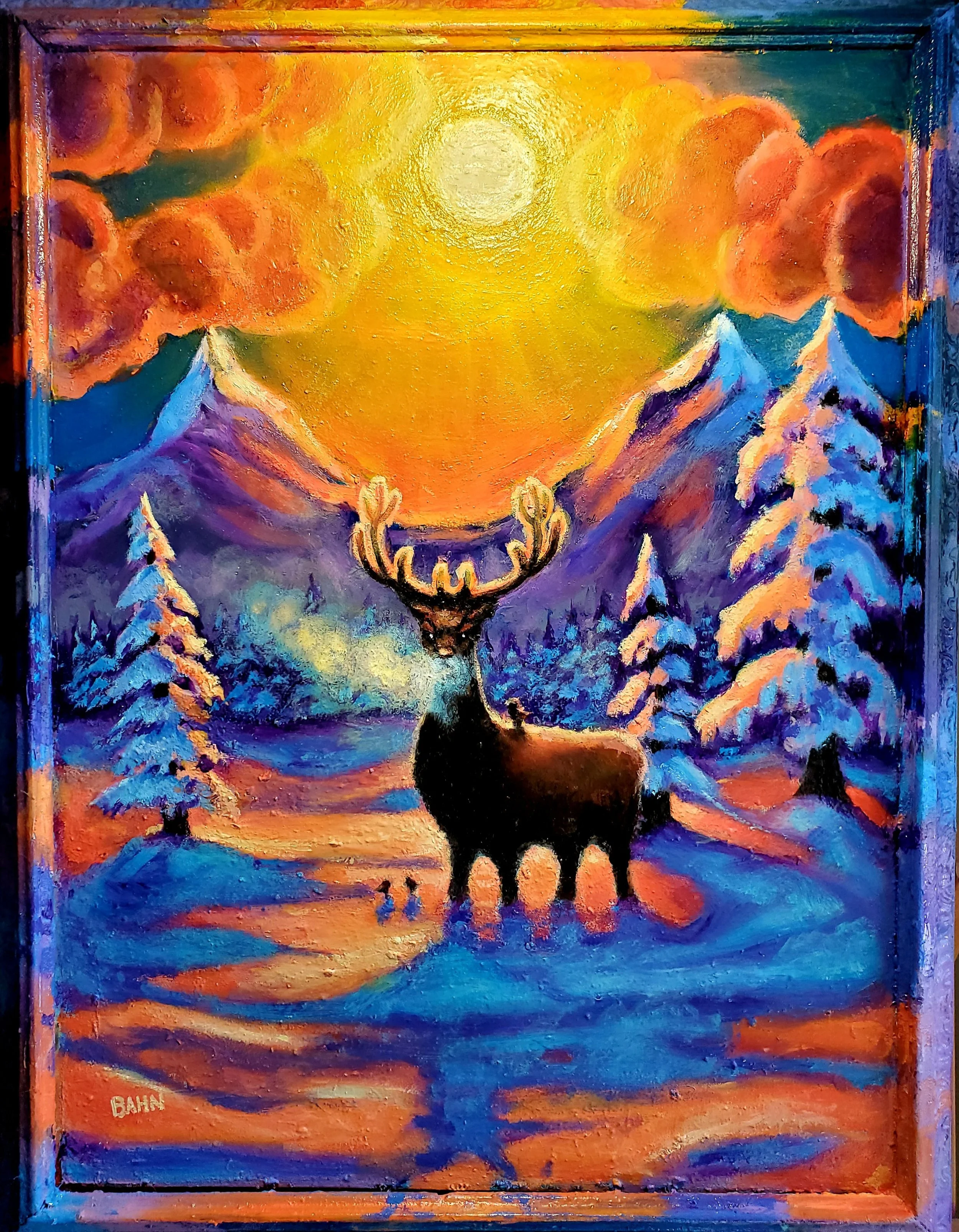 Elk at Sunset, Oil on wood panel, 2019
