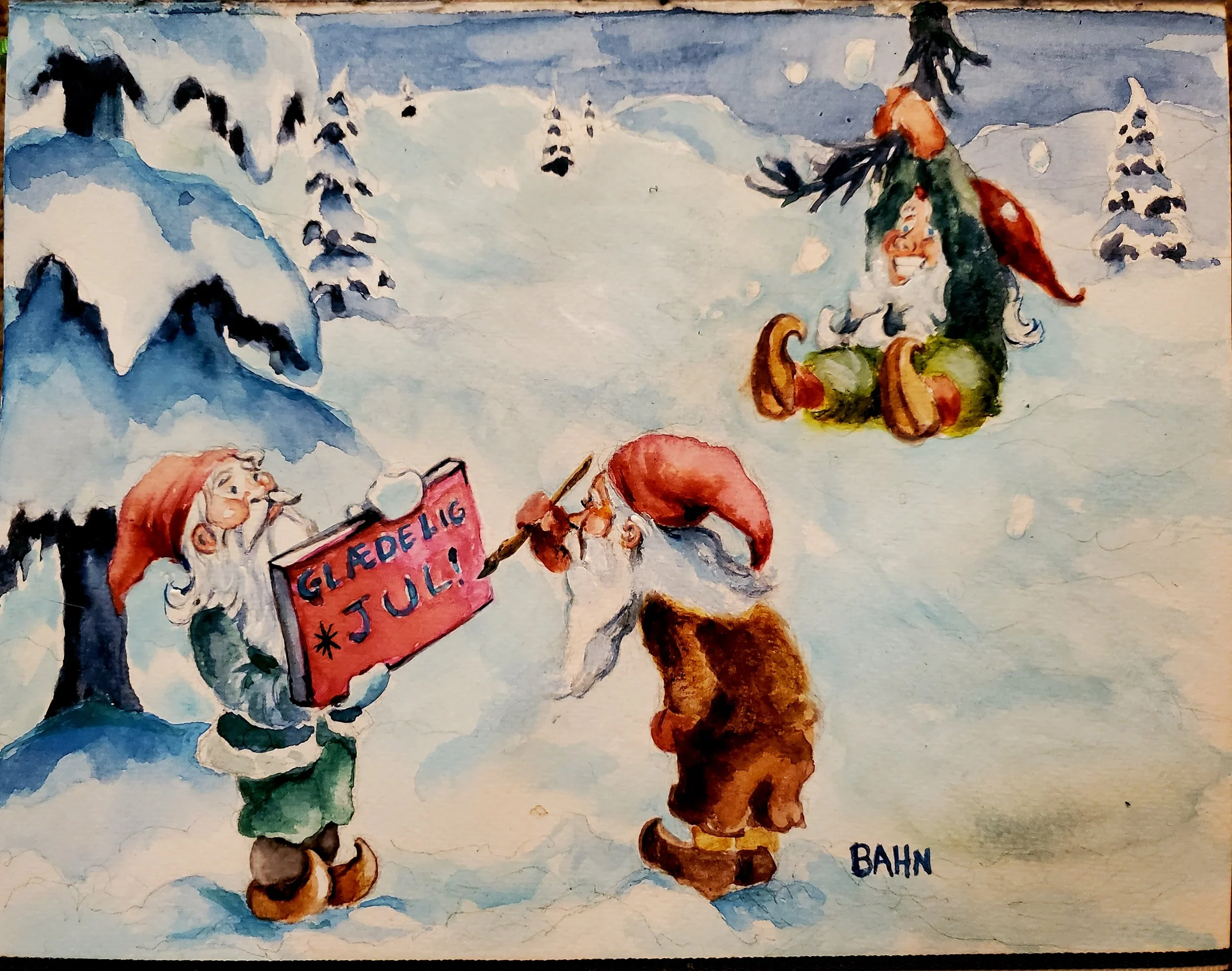God Jul Gnomes, watercolor on paper, 2025