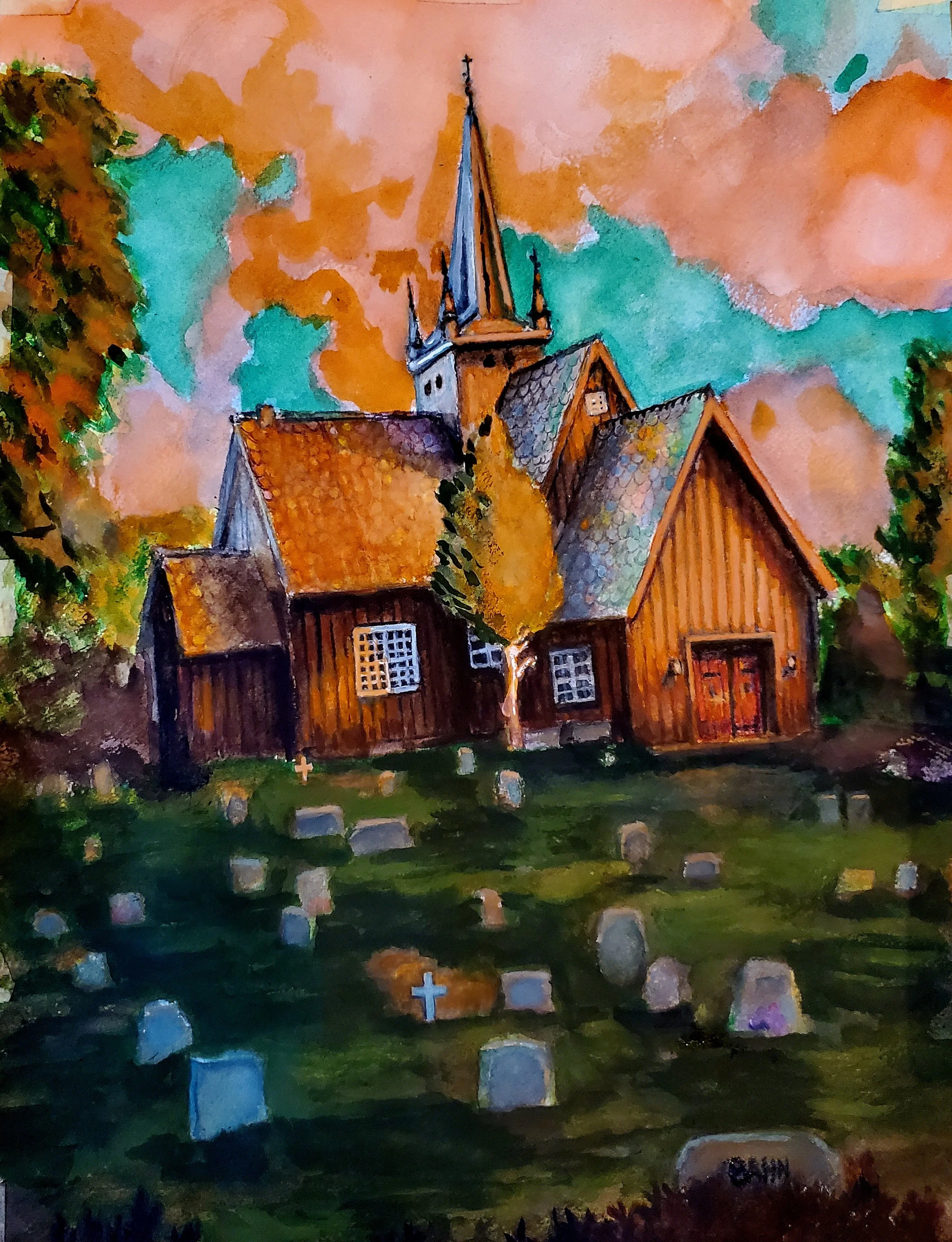 Lesja Kirke, watercolor on paper, 2025