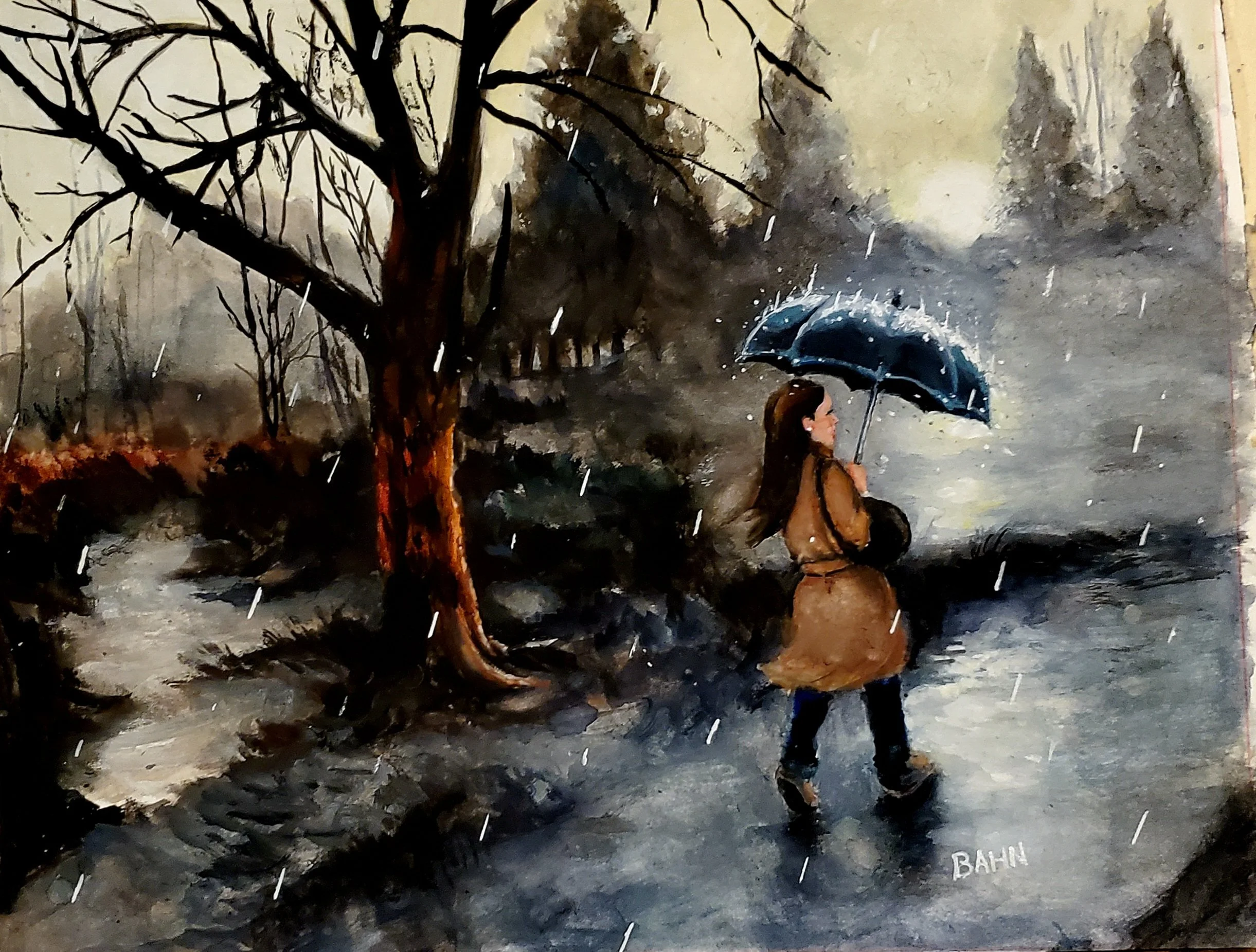 Rainy Walk, watercolor on paper, 2022