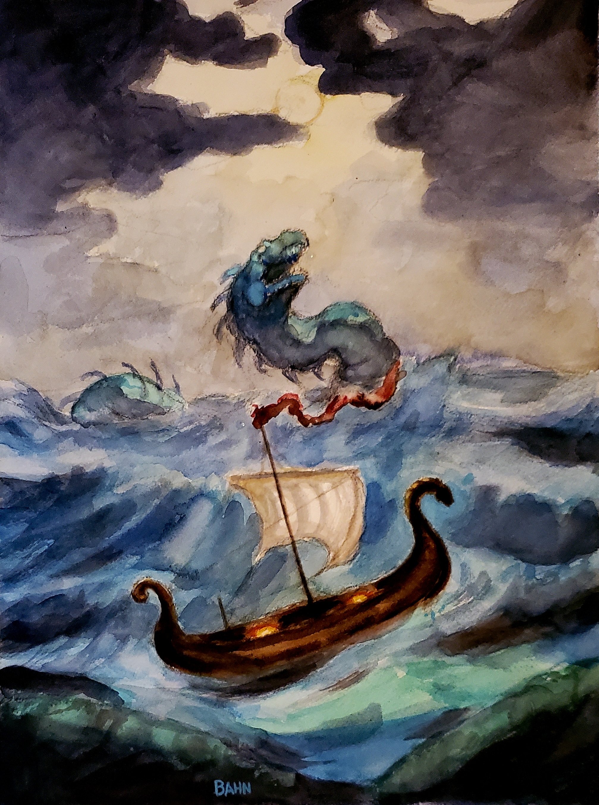 VIking Ship and Jörmungandr, watercolor on paper, 2026
