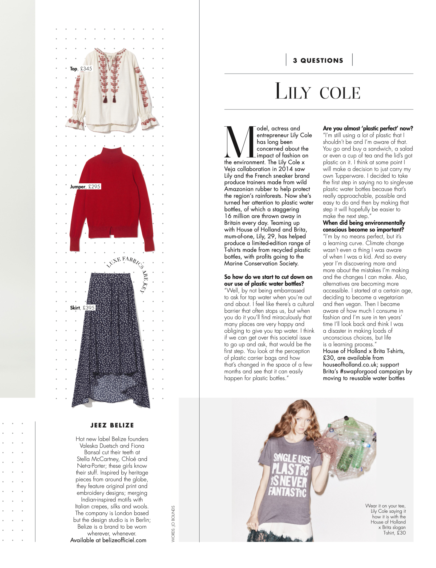 Fashion magazine page featuring a white embroidered blouse, a red turtleneck sweater, a patterned skirt, and a model wearing a gray t-shirt with white text and holding plastic bottles.