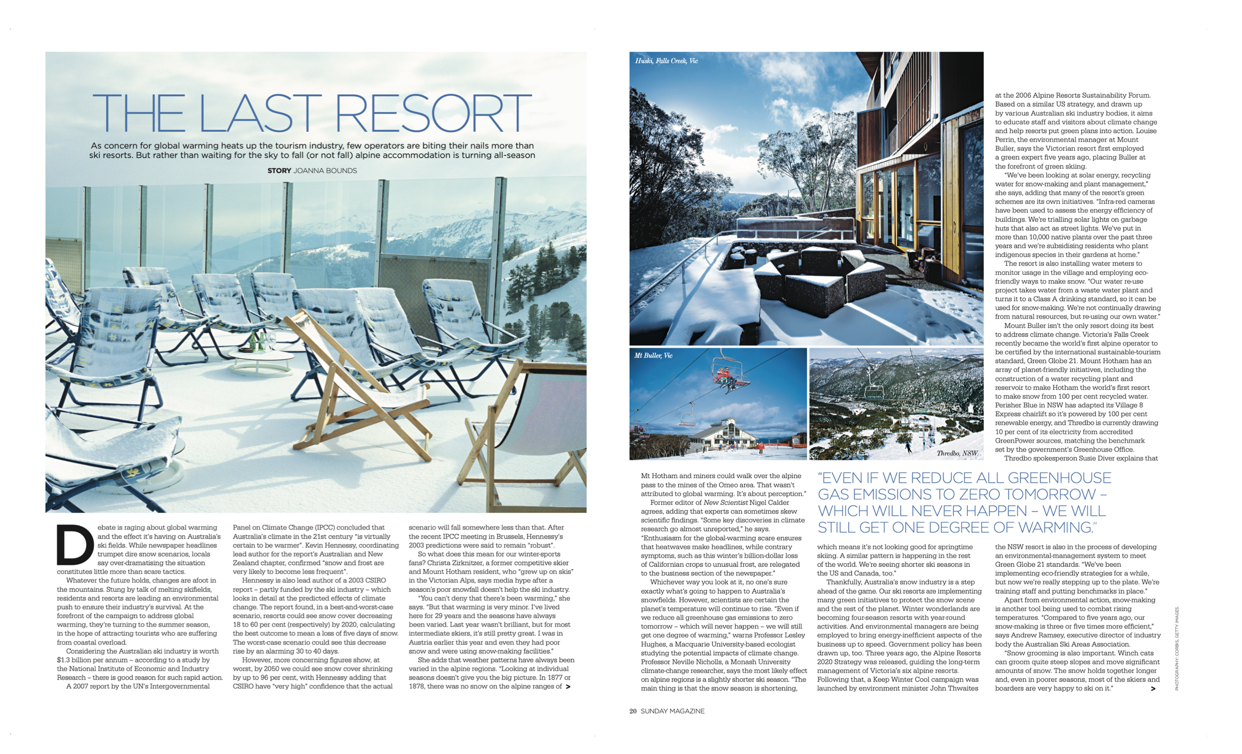 Magazine spread showing two photographs of snowy ski resorts and related text discussing climate change and snow season prolongation.