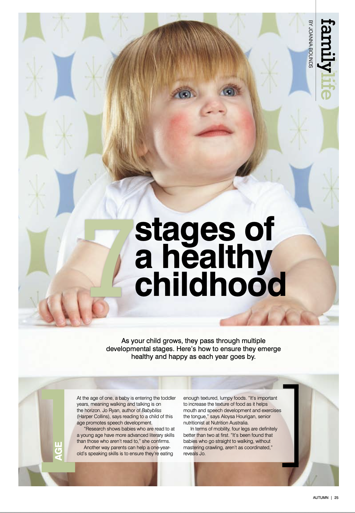 Cover of a book titled "7 stages of a healthy childhood" featuring a young child with red hair, blue eyes, and rosy cheeks, sitting at a table against a retro-patterned background.