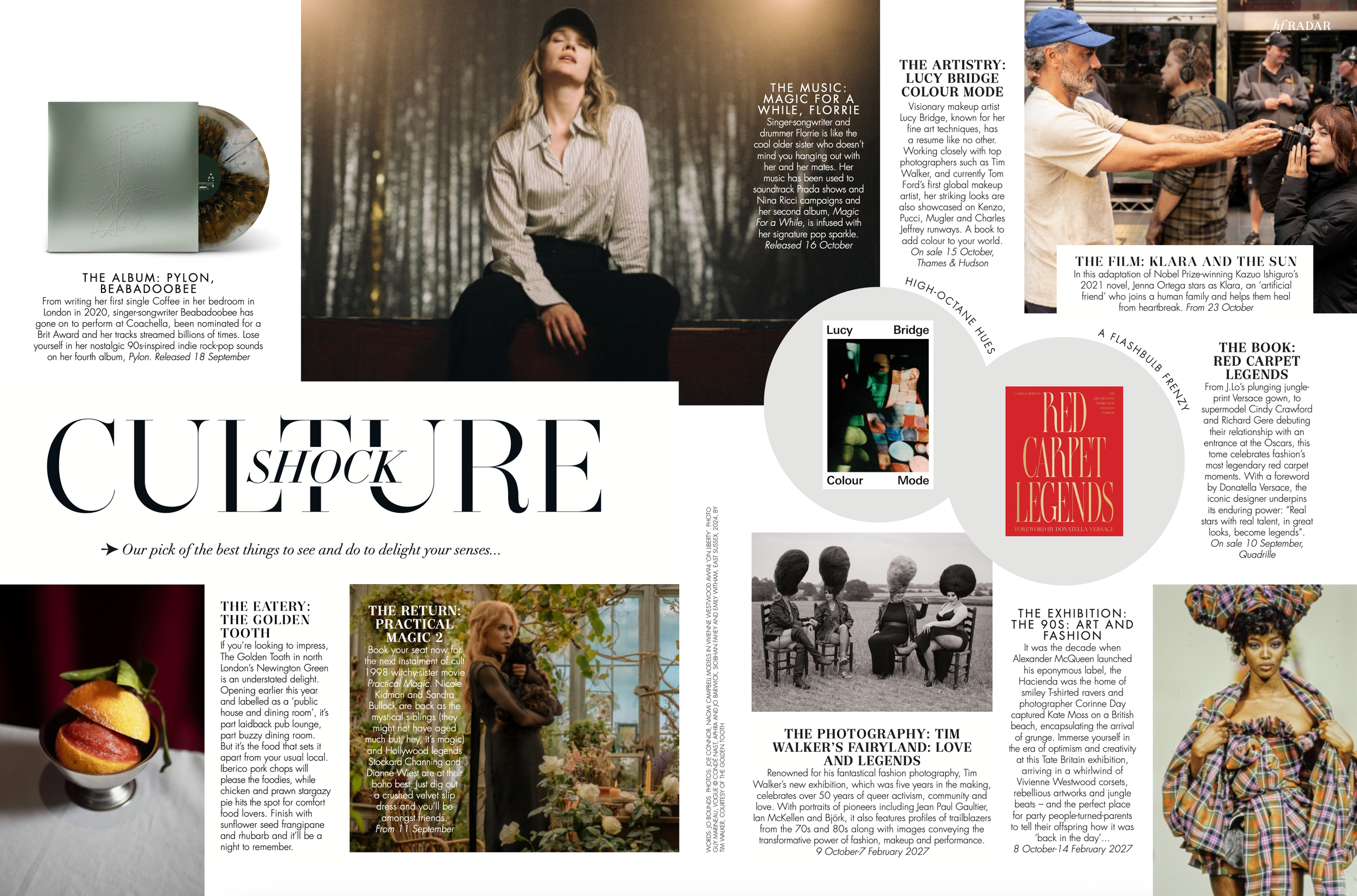 A collage of magazine pages featuring images and articles about music, art, film, fashion, and food, including various photos of people, books, and food items.