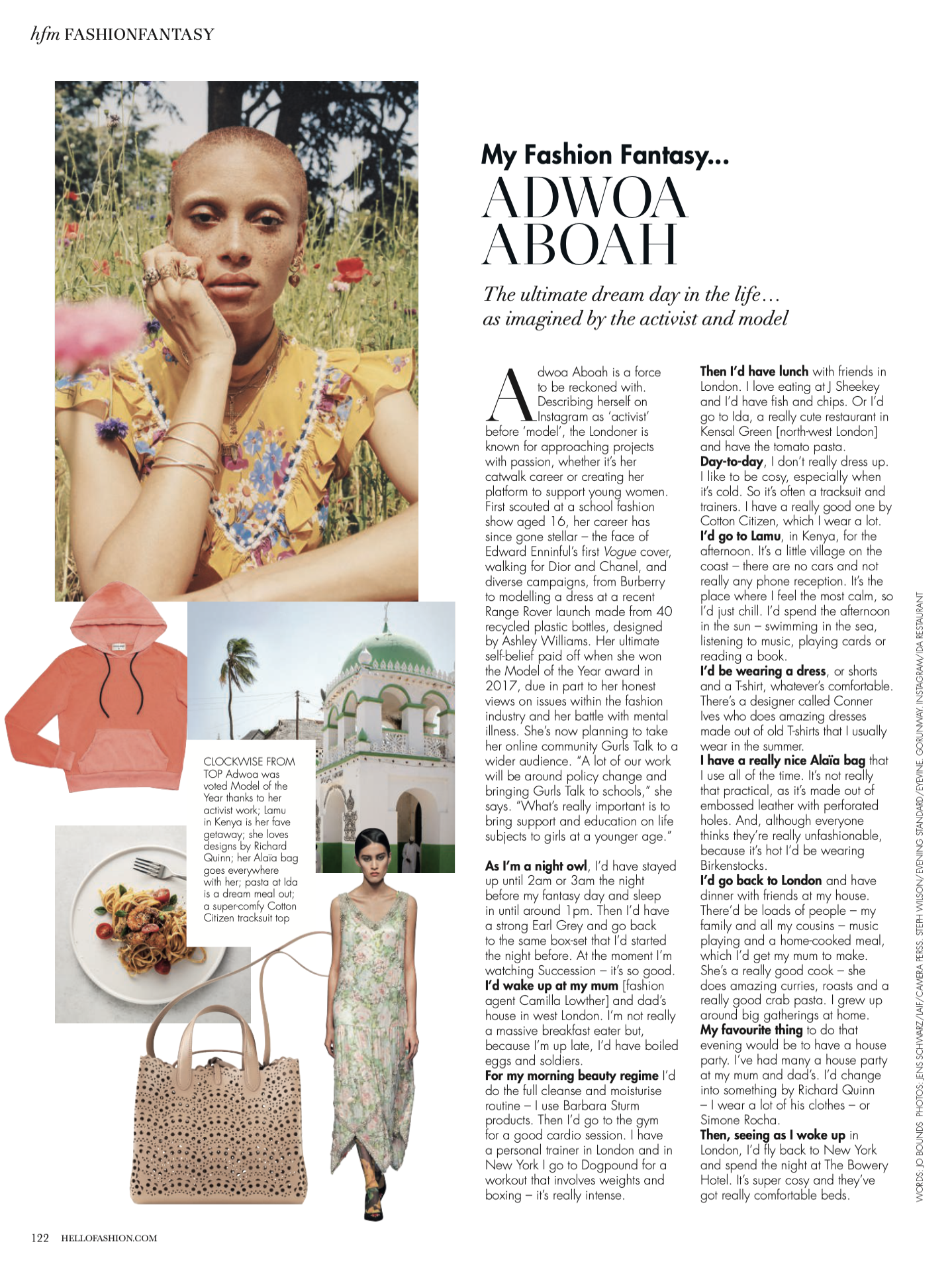 Page layout of a fashion magazine article about model Adwoa Aboah, featuring photos of her in a yellow floral dress, a coral hoodie, a palm tree with a building, a plate of pasta, and a beige handbag.