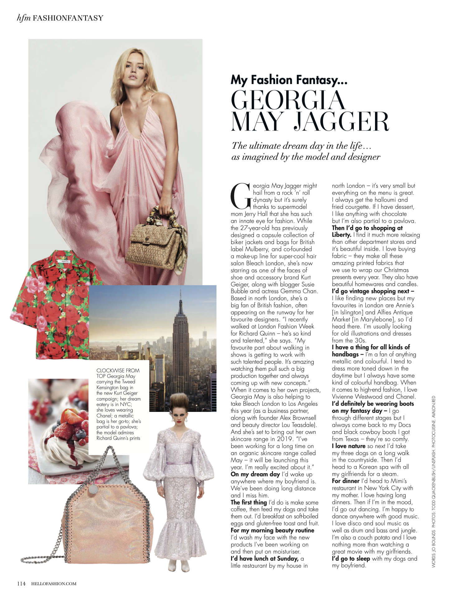 A woman in a pink, ruffled, pleated dress holding a straw handbag, standing in front of a collage including a red floral skirt, an image of the Empire State Building, and a woman in a white dress.