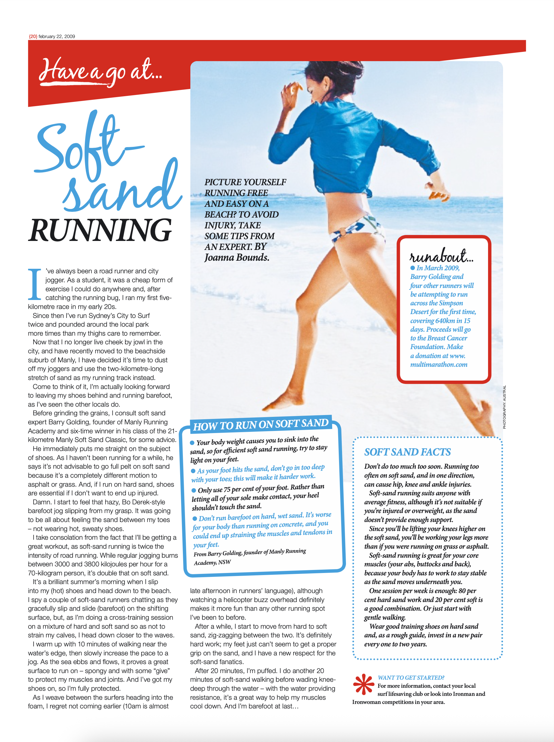 Article page titled 'Have a go at... Soft sand running' with a photo of a woman running on a beach, wearing a blue jacket and patterned bikini bottom, with text about running on soft sand and tips for avoiding injury.
