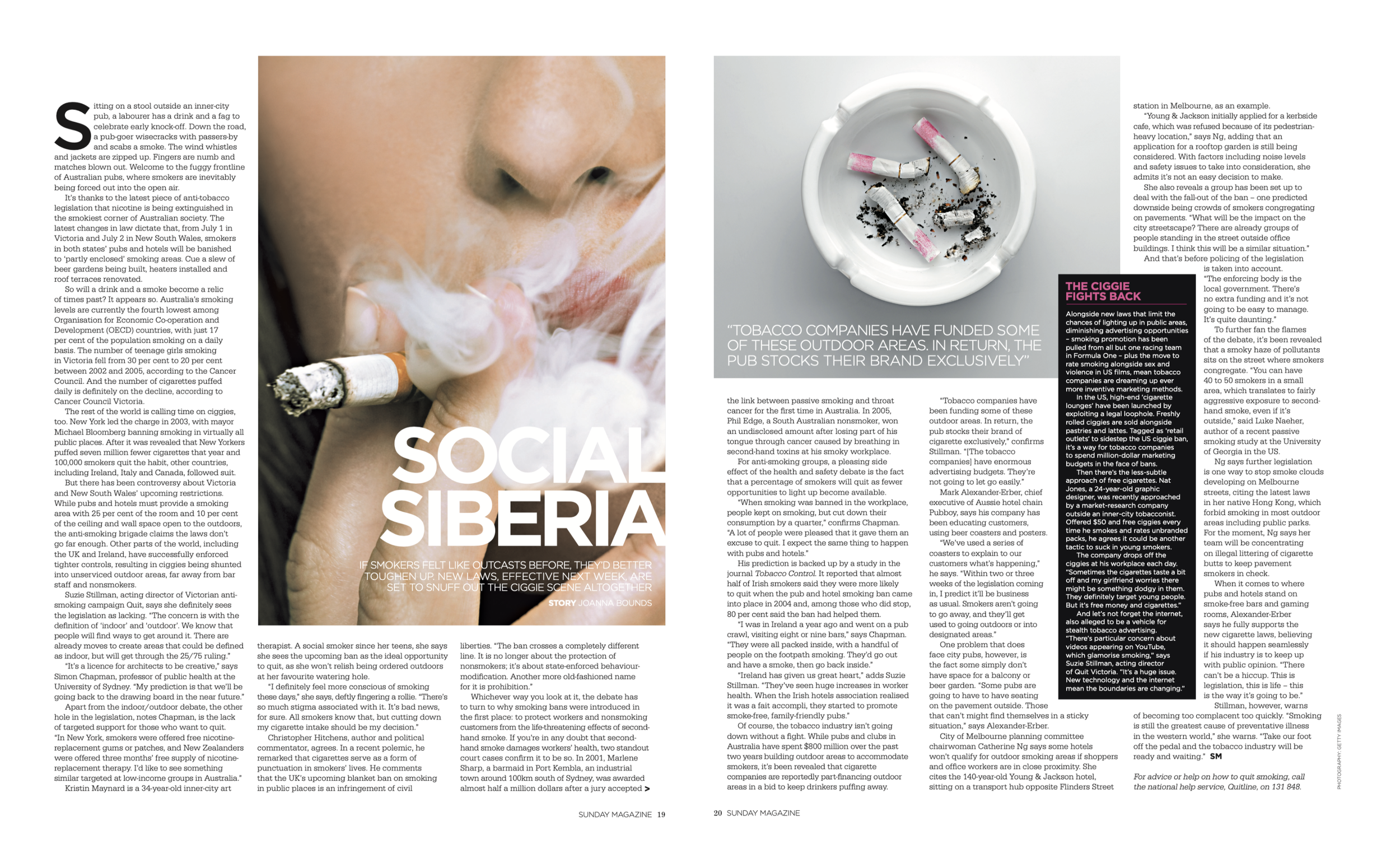 A magazine spread with an article about smoking and tobacco regulation. The left page has a large close-up photo of a person smoking, with smoke swirling around their lips. The right page shows an ashtray with several used cigarette butts and ashes. The article text discusses tobacco industry funding, cigarette smoking statistics, and anti-smoking legislation.
