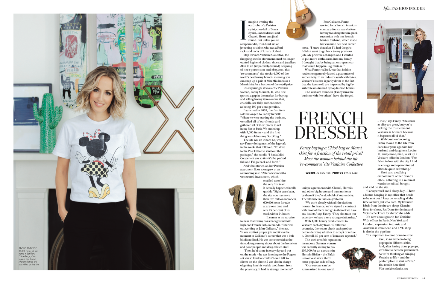 A woman smiling wearing a white t-shirt with a Minnie Mouse design, standing in a modern room with wall art, a large cactus sculpture, and geometric decorations.