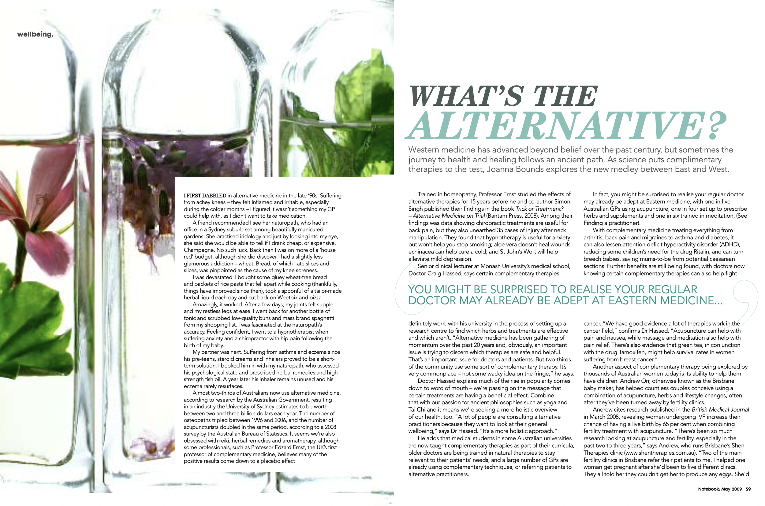 A magazine article featuring a visual of three glass bottles with herbal remedies, lavender, and leaves, and the text titled 'What's the alternative?' discussing alternative medicine practices.