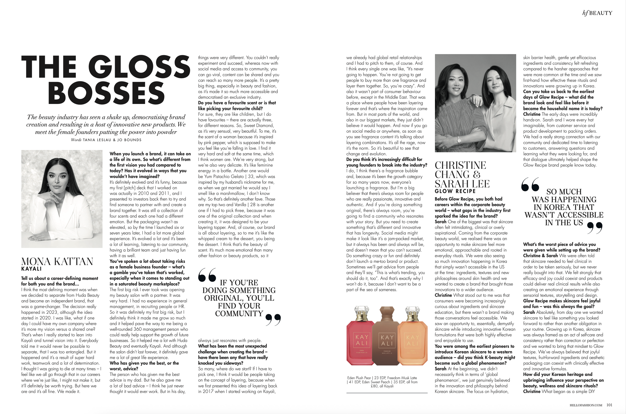 Black and white magazine article page featuring images of two women, text about beauty industry, and three perfume bottles at the bottom.