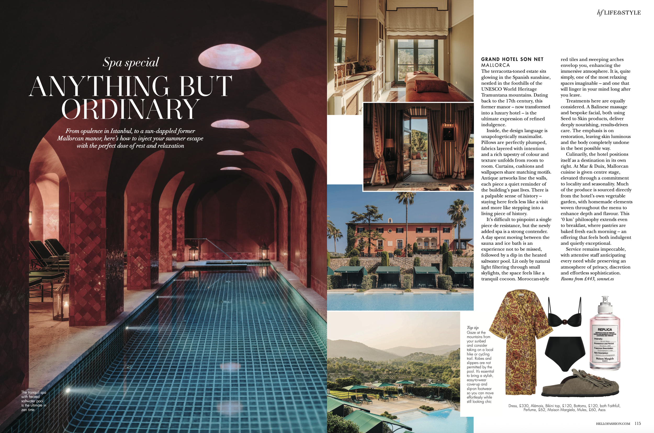 Luxury indoor spa with heated swimming pool, red arched ceiling, and lounge chairs, adjacent to a magazine spread showing bright hotel rooms and scenic outdoor views.